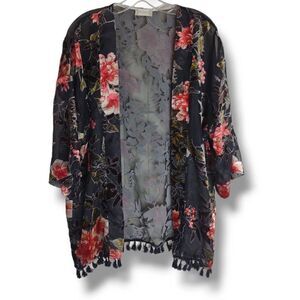 Altr'd State Black Red‎ Rose Coverup Sheer Open Front Half Sleeves Hip Length S
